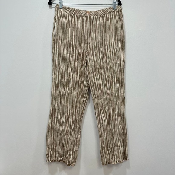 Free People Pants 2 Tan White Striped Cotton Loose Relaxed Gauzy‎ Pull On NWT - Picture 2 of 10